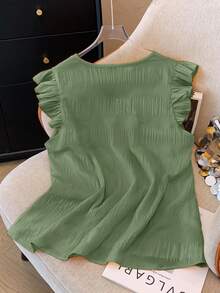 Plus Size Women's Summer Solid Color V-Neck Cap Sleeve Button Decor Loose Blouse