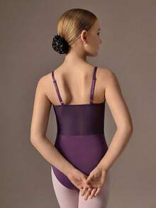 SHEIN Tween Girls Sleeveless Leotard,Velvet & Mesh Fabric,Adjustable Straps,Plum Purple Summer Elegant Dancewear For Ballet,School Workout,Training,Casual - Multicolor - View 2