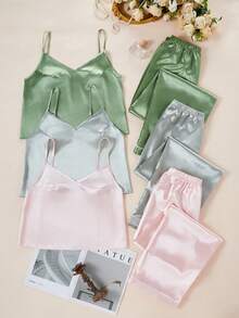 6件套纯色仿丝吊带背心和裤子套装 - 彩色 - 查看 3