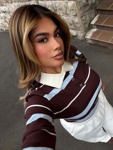 Maria Perezxox 女式秋冬学院风马球领撞色条纹棕蓝宽松针织毛衣 - 彩色 - 查看 3