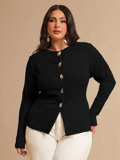 SHEIN BAE Plus Size Women Solid Color Metal Single-Breasted Long Sleeve Casual Top