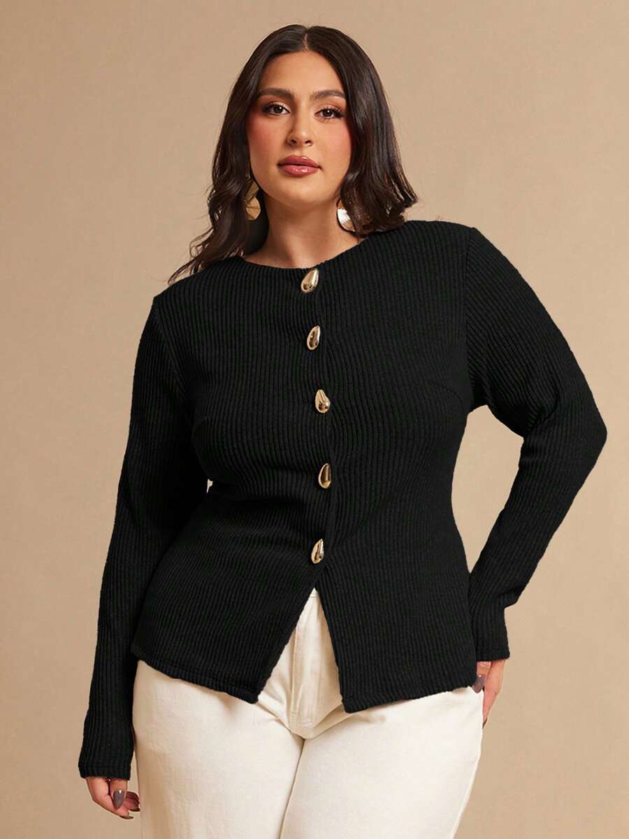SHEIN BAE 大码女式纯色金属单排扣长袖休闲上衣 - 黑色 - 查看 1