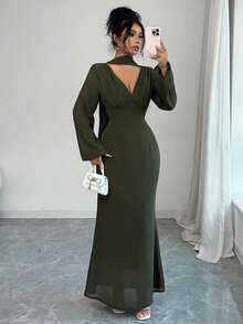 SHEIN Raffinéa Vestido ajustado y elegante con decoración de volantes en escote en V, adecuado para citas y ocasiones al aire libre, primavera/verano - Verde - Ver 7