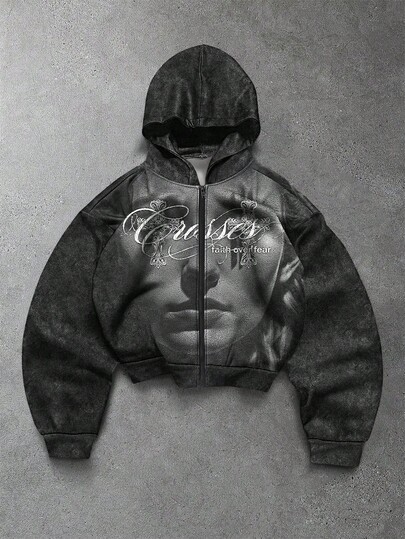PAVTROS Sudadera abierta con gráfico de retrato y cruz desgastado, estilo callejero estadounidense, para hombre, ropa de otoño/invierno
