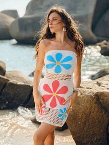 Swim Chiccia Women White Floral Summer Boho Mini Dress,Colorful Hollow Out Mesh Knit Tube Beach Cover Up For Pool Party,Holiday,Music Festival&Vacation - Multicolor - View 4
