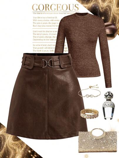 Ellevyn Solid Color Fashion Decorative Button A-Line PU Elegant Midi Skirt