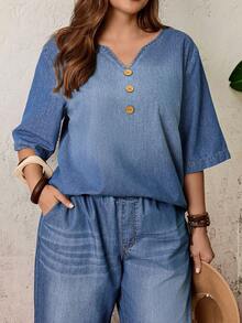 EMERY ROSE EMERY ROSE Áo denim dáng rộng, cỡ lớn, phong cách thường ngày, thích hợp cho Ngày Valentine, mùa hè, lễ hội, đi biển, tiệc tùng, tiệc sang trọng, đi chơi, áo denim cổ chữ V, áo denim dáng rộng, cài cúc phía trước, màu xanh nhạt, phong cách cổ điển, phong cách Pháp giản dị, áo dễ phối đồ công sở, kỳ nghỉ, phong cách trà chiều, cuối tuần, áo denim cho kỳ nghỉ hè. - Màu xanh lam - Xem 7