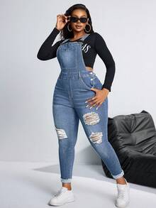 SHEIN SXY Mono vaquero pitillo desgastado de talla grande para mujer - Lavado ligero - Ver 5