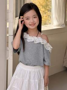 DAZY Young Girl' Casual Ruffle Trim Asymmetrical Shoulder Short Sleeve T-Shirt - Grey - View 8