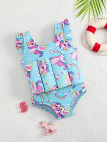 Baby Girls BeachwearCute And Conservative, Light Blue, Cartoon Unicorn Print, Knitted Fabric, Strap-Style Bodysuit With Shoulder Straps And Frills. One-Piece Strap Triangle Pant. Stylish, Casual, Elegant, Suitable For Swimming, Perfect For Summer Vacations, Beaches, The Sea, Pools, And Summer Parties Leisure And Vacation. Unicorn Bathing Suit Swimwear For 2 Years Old Girl Unicorn Swimsuit Toddler Childrens Swimsuits Toddler Swimsuit Rainbow Toddler Unicorn Bathing Suit Toddler Swim Dress - Blue - View 3