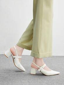 CUCCOO BIZCHIC Giày cao gót mũi nhọn, gót chunky, màu trắng, quai ngang, kiểu dáng tối giản, thoải mái dành cho nữ, phù hợp cho công sở, dự tiệc và các dịp thường ngày. - Màu trắng - Xem 4