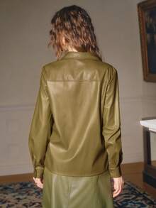 SHEIN Unity Nueva chaqueta de camisa de mujer de cuero de PU bordado con diseño calado - Mostaza Amarilla - Ver 3