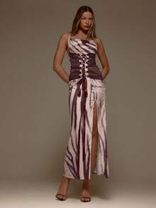 MUSERA 动物纹缎面垂领系带束身细节开衩长裙，情人节性感可爱派对浪漫夜晚外出场合度假春夏 - 彩色 - 查看 3