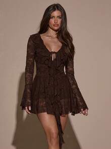 SHEIN BAE Women's Sexy Elegant Elegant Vacation Style Deep V-Neck Ruffle Sleeve Sheer Lace Mini Dress, Spring/Summer/Autumn - Coffee Brown - View 4