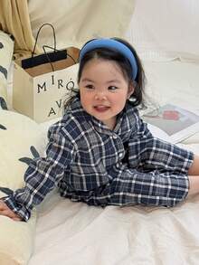 DAZY Toddler Girls' Plaid Casual Comfortable Korean Style Pajama Set - Blue - View 8