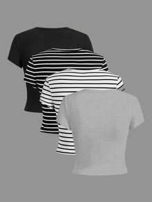SHEIN EZwear Bộ 4 áo thun nữ tay ngắn cổ tròn dáng ôm, in hình đồ họa xe hơi và gấu theo phong cách vintage. - Nhiều màu - Xem 2