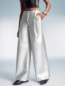 GENKIRA 女士PU材质，复古美式设计，收腰宽松休闲百搭阔腿直筒裤 - 銀色 - 查看 4
