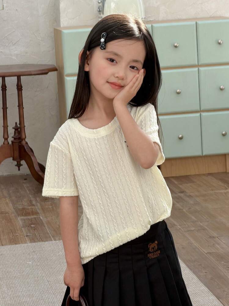 Young Girls Round Neck Casual Cartoon Embroidery Short Sleeve Solid Color T-Shirt, Korean Style Summer