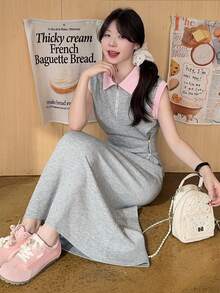 DAZY Abito midi casual da donna con colletto polo e maniche corte, a contrasto di colore, abito estivo - Grigio - Visualizzare 4