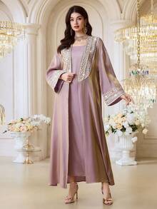 Al Najma 女士优雅阿拉伯长袍，饰有缎带滚边，长袖，含吊带背心套装