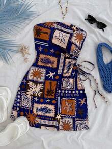 Soleia 大码棕榈树图案镂空抽绳腰部贴身连衣裙，度假风格，适合春夏季假期、约会、情人节下午茶 - 彩色 - 查看 6