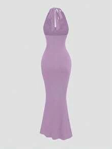 Sweetra 女士黑色露背深V领修身美人鱼连衣裙，派对 - 紫色 - 查看 2