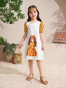 年轻女孩休闲黑色玫瑰印花泡泡袖圆领宽松直筒白色连衣裙 - 白色 - 查看 6