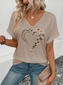 EMERY ROSE Women's New Arrival Spring/Summer Bestselling Leopard Print Heart Graphic T-Shirt - Khaki - View 6