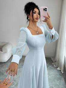 Modelyn Robe ajustée à encolure carrée et taille cintrée pour femmes - Bleu azur - Voir 3