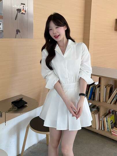 Women's Casual Solid Color Turndown Collar Pleated Loose Mini Dress Sundress