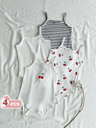Vintaside Kids Set de 4 bodies sin mangas con estampado lindo para bebés niñas, estilo casual de verano