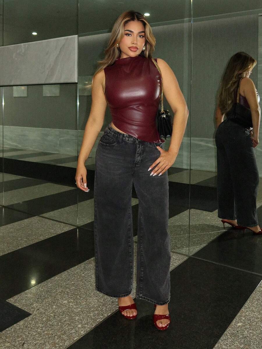 Maria Perezxox Lässige, ausgewaschene Jeans mit hoher Taille und weitem Bein