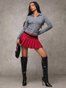 SHEIN BAE 女士时尚性感纯色百褶迷你裙 - 紅色 - 查看 9