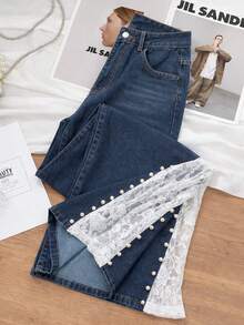 GlowEve 女士口袋撞色蕾丝和仿珍珠装饰阔腿宽松牛仔裤 - 藍色 - 查看 3