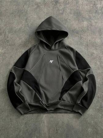 Manfinity Unisex Sudadera con capucha de tela con estampado y parches de moda para hombre, otoño/invierno