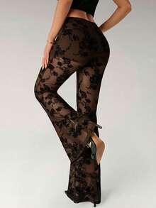 SHEIN ICON 女士时尚性感日常植绒透视喇叭裤 - 棕色 - 查看 2