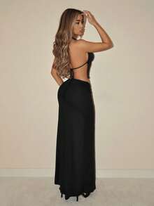 SHEIN ICON 女士两件套优雅复古性感露背深V金属扣装饰吊带背心和超长扭结半身裙套装，适合约会和度假。 - 黑色 - 查看 4