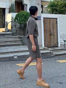 DAZY 男士纯灰色圆领弹力腰带T恤套装，夏季 - 灰色 - 查看 6