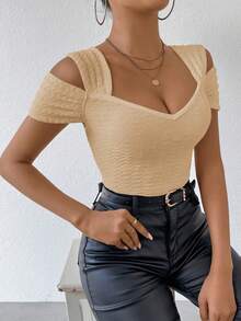 RosyDaze Áo thun ôm dáng, màu trơn, thời trang mùa hè, gợi cảm, hở vai. - Màu Khaki - Xem 4