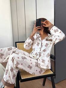 Dream Adore Brown Bear Heart Print Contrast Color Trim Cardigan & Pants Cute Casual Pajama Set For Women Valentine's Day Teddy Bear Pajama Set - Apricot - View 1