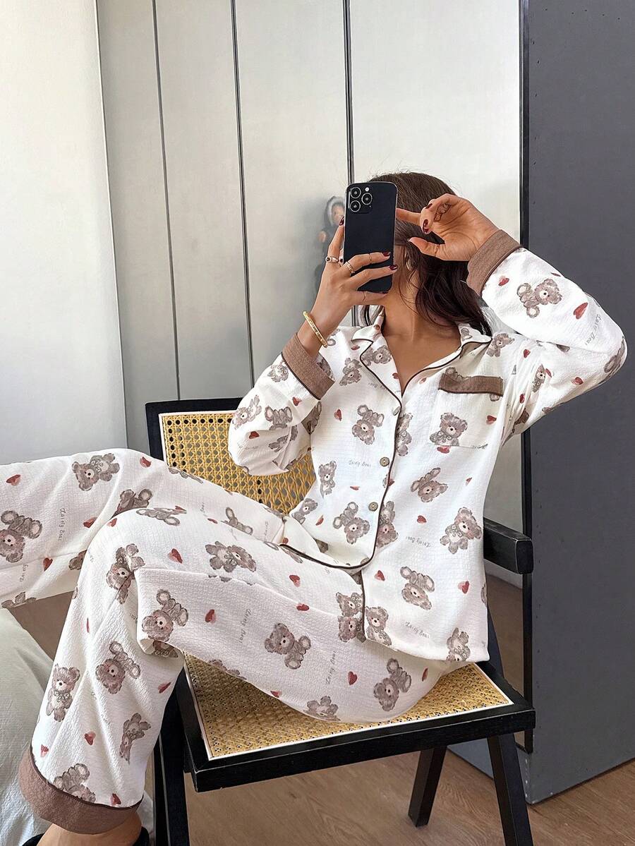 Dream Adore Brown Bear Heart Print Contrast Color Trim Cardigan & Pants Cute Casual Pajama Set For Women Valentine's Day Teddy Bear Pajama Set - Apricot - View 1
