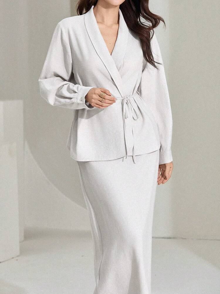 Women's Solid Color Minimalist Long Sleeve Top And Skirt 2 Pieces Set