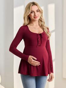 SHEIN Maternity Loose Scoop Neck Button Tie Long Sleeve Top, Fashionable & Minimalist - Red - View 5
