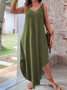 EMERY ROSE 加大码纯色弧形下摆吊带连衣裙长款女装 - 軍綠色 - 查看 5