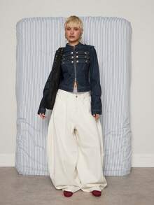 COUREZ Fitted Denim Drummer Jacket / Y2K Fitted Denim Jacket Fall Winter Lightweight Denim Button Zip Front NYE Occasion