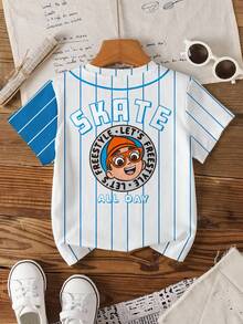 Blippi X SHEIN Young Boy Striped & Cartoon Figure Graphic Round Neck Short Sleeve T-Shirt - White - View 2