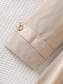 SHEIN 1pc Fashionable Girls' Khaki Woven Reversible Collar Double-Breasted Belted Long Jacket, Suitable For Spring, Autumn, Winter, Outdoor, Travel, Street Style, Casual, Home, Commute - Khaki - View 7