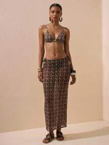 Swim Chiccia Women's Geometric Print Bikini 3-Piece Set,Black Summer Casual Vacation Holiday Mesh Sarong Skirt Set,High-End Retro Gold Bead Decor Halter Swimwear - Multicolor - View 4