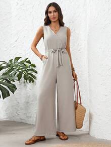 EMERY ROSE 女士纯色交叉绑带腰部宽松休闲连体裤 优雅女士连体裤 女士阔腿连体裤 无袖连体裤 度假连体裤 腰部系带连体裤 - 杏色 - 查看 6