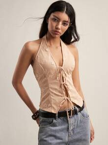 Easelle 女士休闲无袖露背系带薄外套 - 杏色 - 查看 1